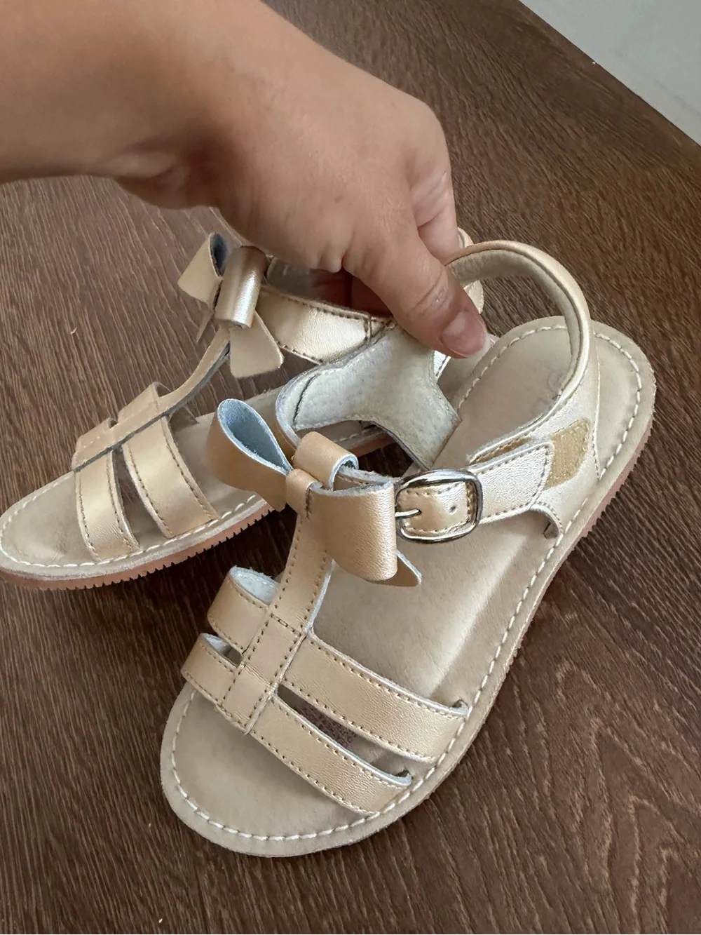 L'AMOUR SHOES Janie Champagne T-Strap Bow Sandal